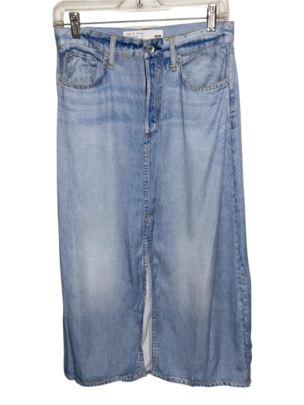 Rag & Bone Skirt Womens Sz 27 Tulip Liquid Miramar Denim Midi Tencel Chambray
